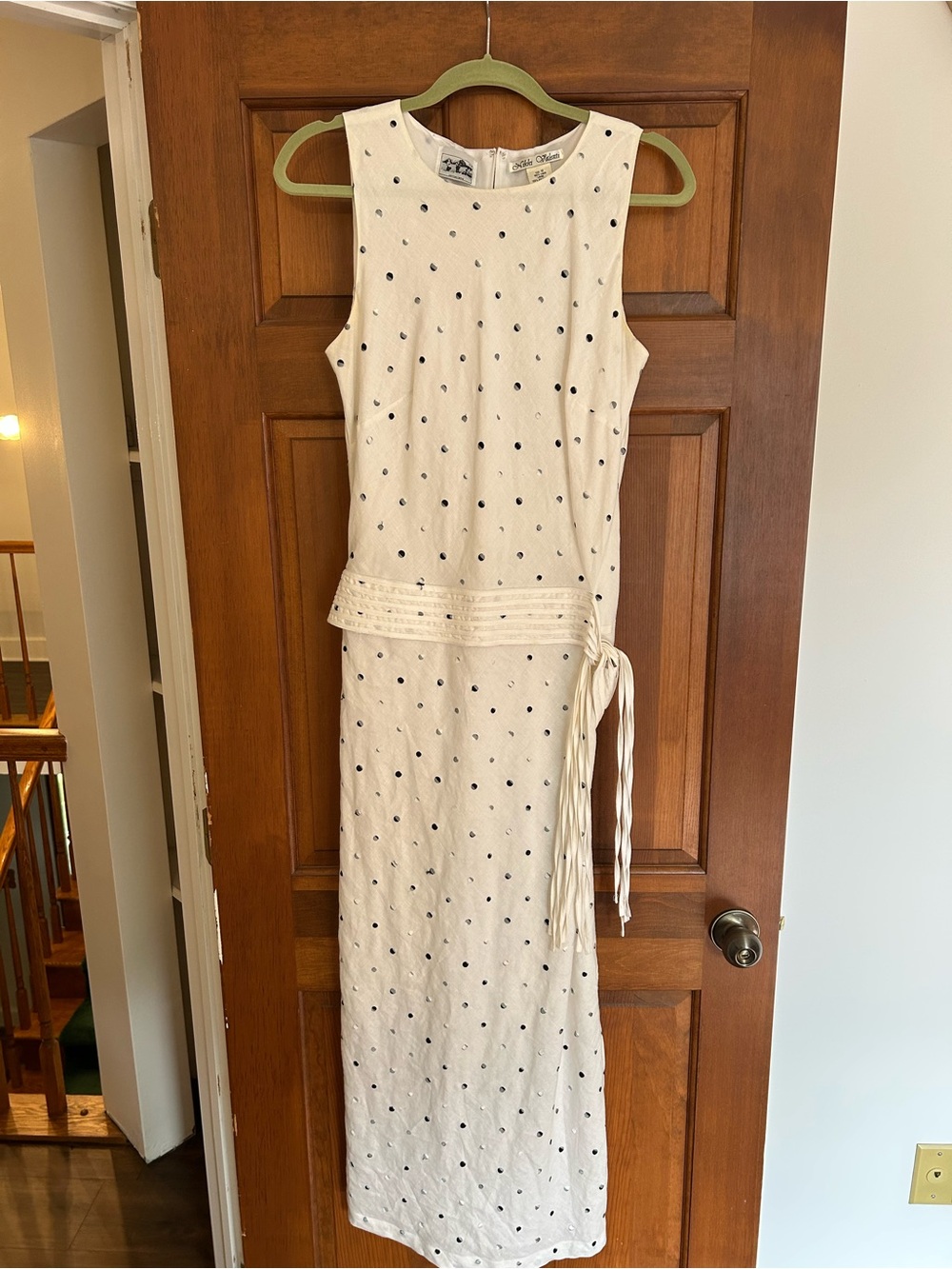 Vtg Irish Iinen drop waist polka dot midi dress